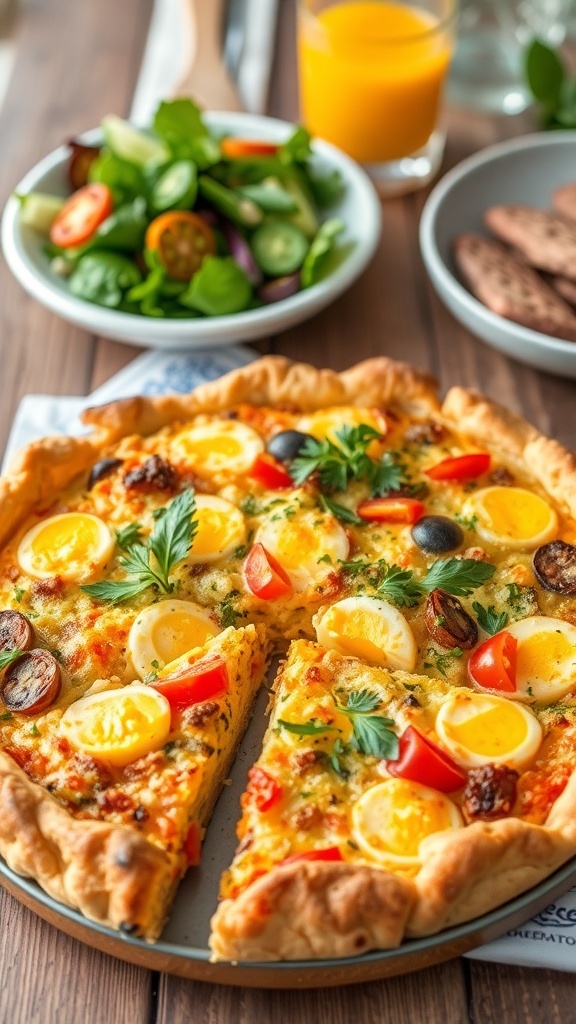 Quiche with Tortilla Crust Recipe A slice of quiche with tortilla crust filled with eggs, cheese, and vegetables, served on a rustic table.